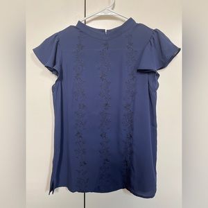 LOFT Navy Embroidered Flutter Sleeve Top